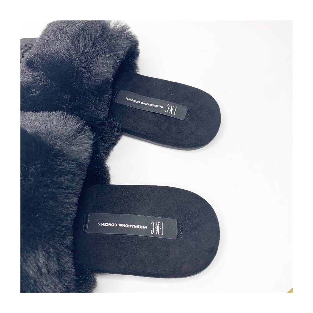 NEW INC Black Double Band Faux Fur Slides Small 5-6 Cozy Chic House Slippers - Picture 6 of 8